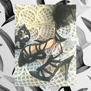 CALVIN KLEIN PERLA BLACK STRAPPY SNAKESKIN HEELS